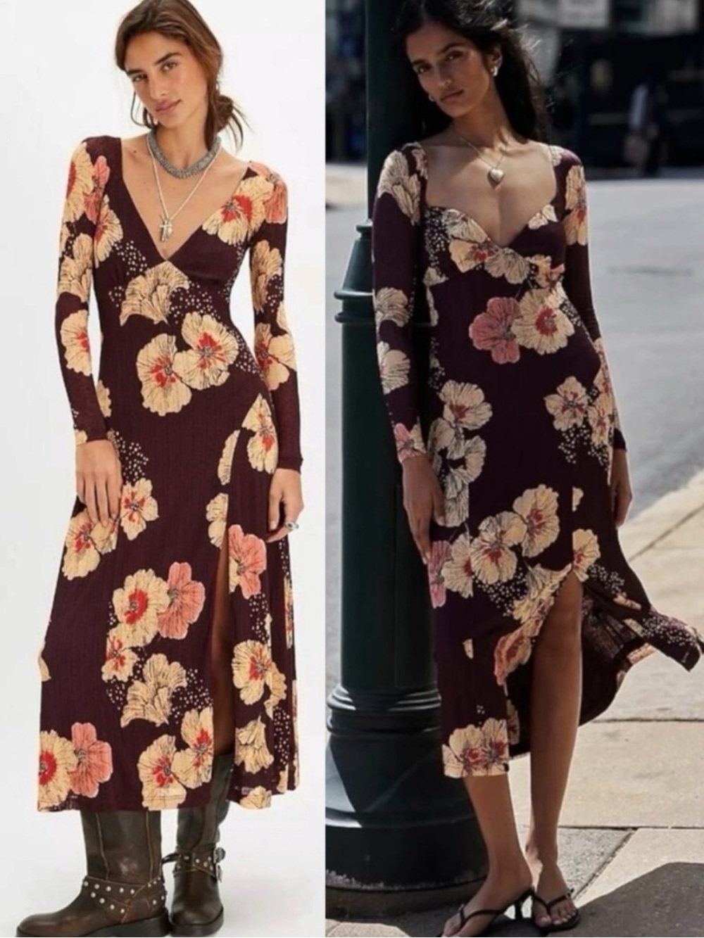 Free People Calla Midi Maxi Dress in Plum Combo Size XL Edgy Floral 90s Bohemian